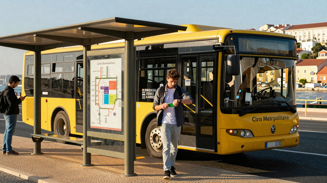 Autocarro amarelo estacionado numa paragem urbana com duas pessoas à espera do transporte público.