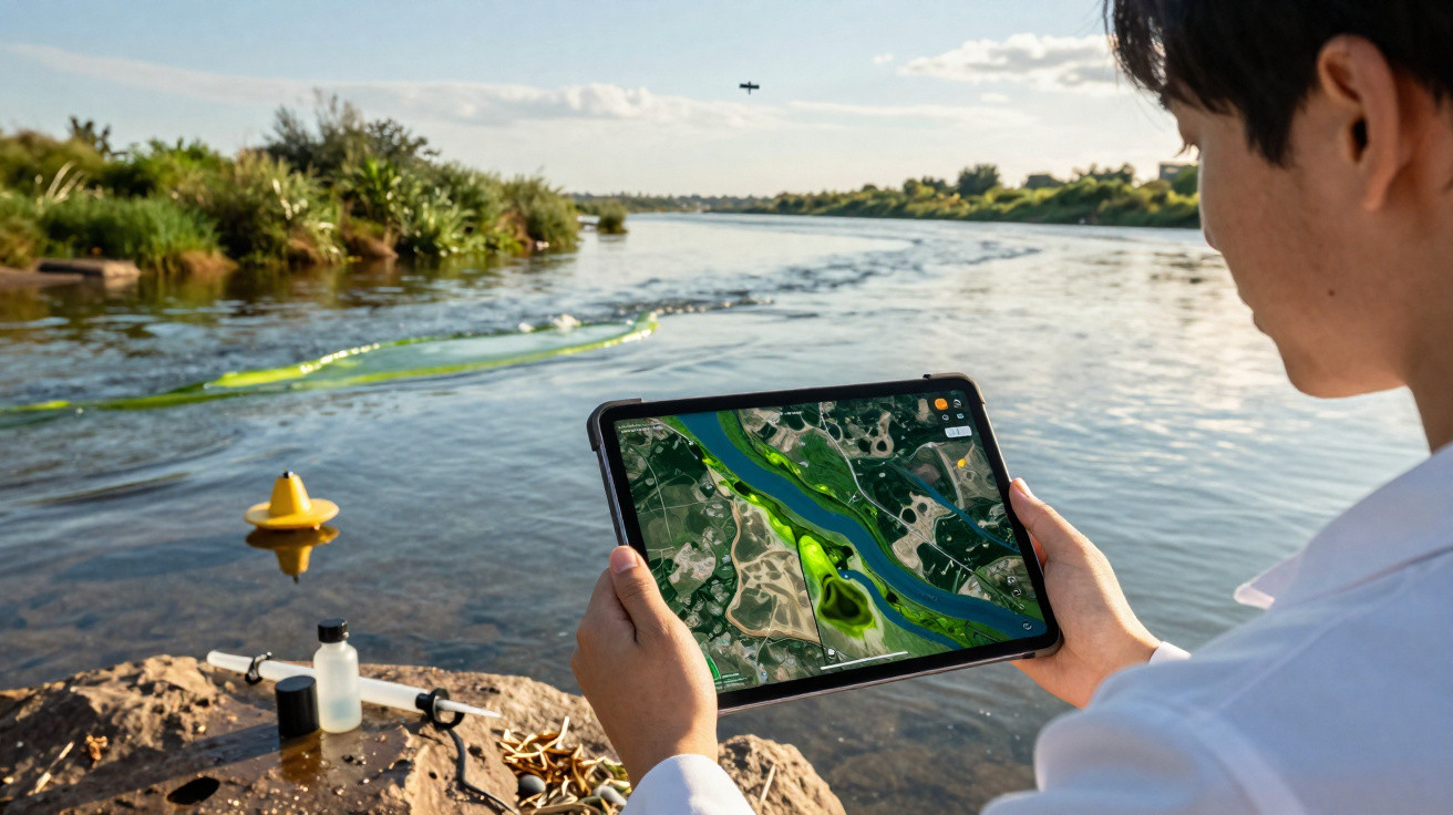 Pessoa a usar tablet com mapa aéreo junto a um rio, com boia amarela na água e vegetação na margem.