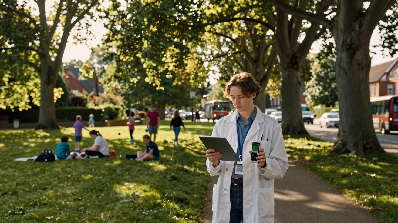 Pessoa com bata branca verifica dados num dispositivo eletrónico num parque, com crianças ao fundo.