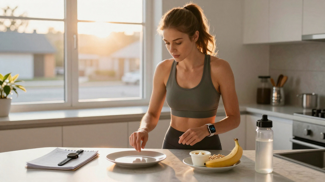 Mulher em roupa desportiva prepara refeição saudável na cozinha iluminada pelo sol da manhã.