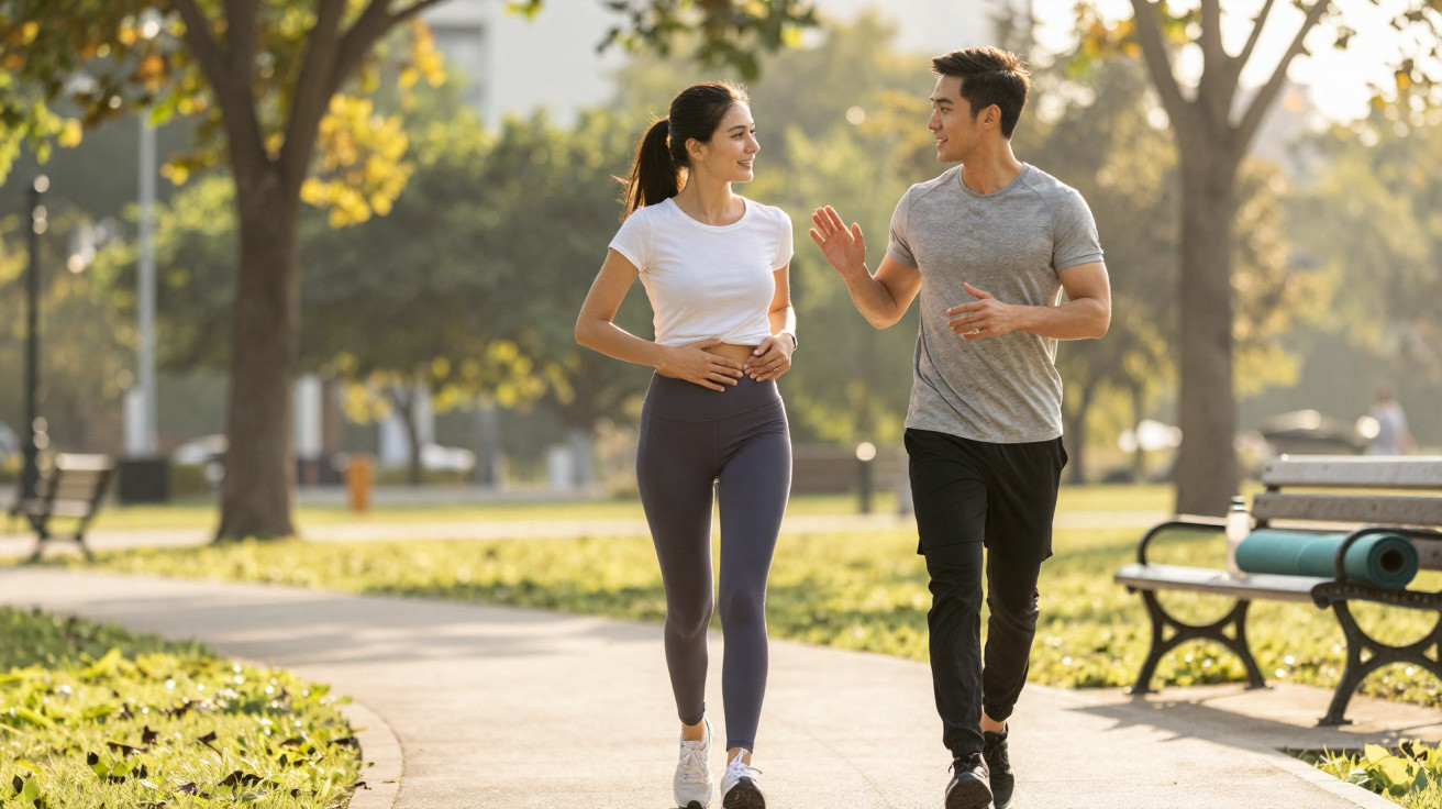 Casal jovem a caminhar e conversar num parque com árvores e bancos ao fundo.