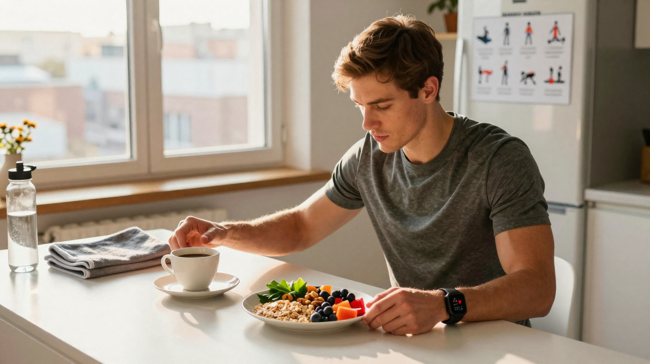Homem sentado à mesa a comer pequeno-almoço saudável com frutas, cereais e chá numa cozinha luminosa.