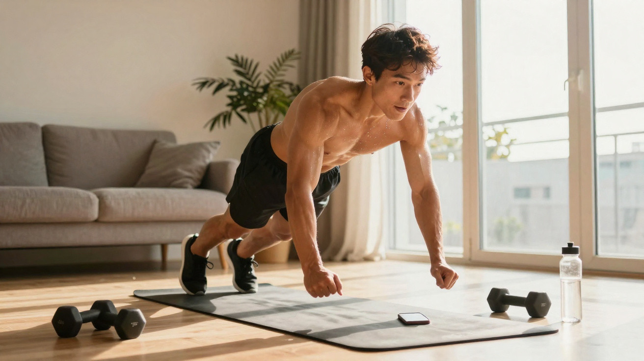 Homem a fazer flexões num tapete de exercício em sala com halteres e garrafa de água.