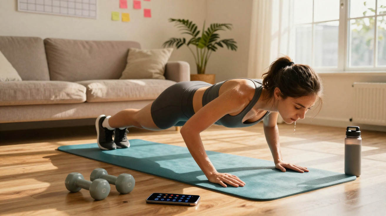 Mulher a fazer flexões num tapete de exercício em casa, com halteres, garrafa de água e tablet no chão.