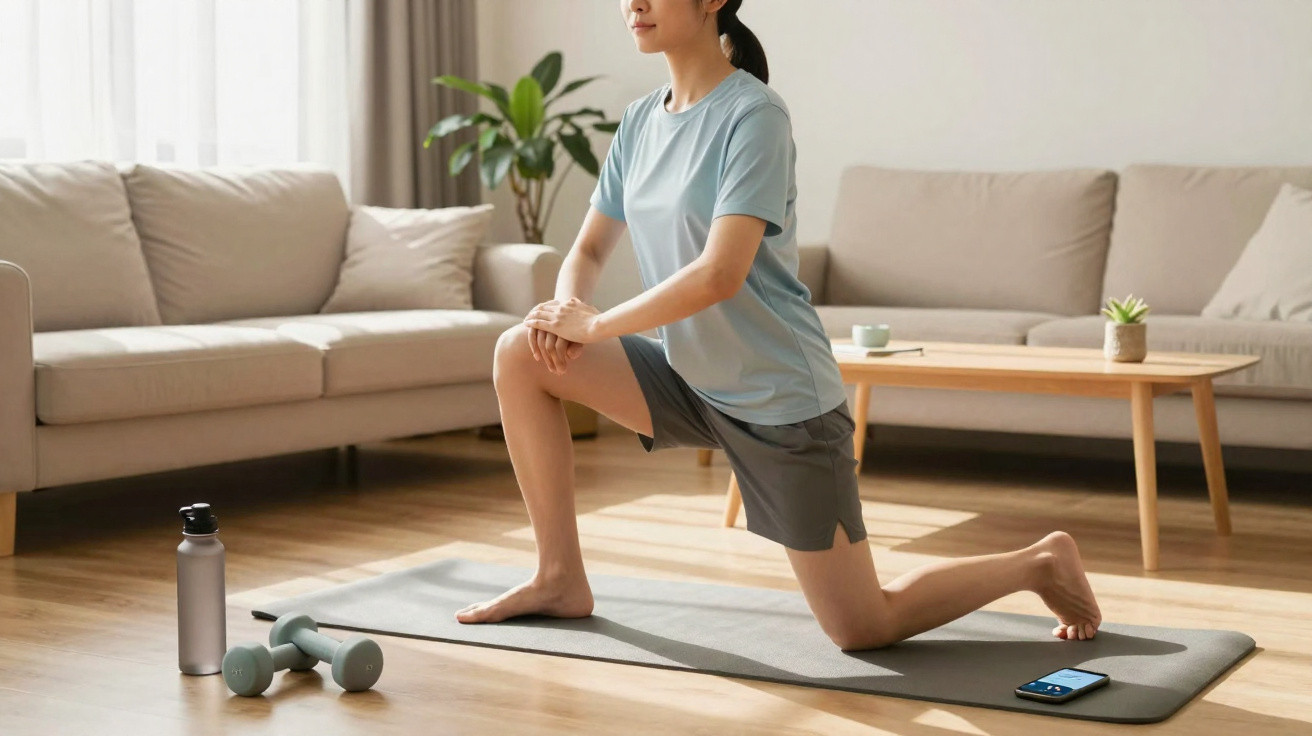Mulher a fazer exercício de alongamento num tapete, com halteres, garrafa de água e telemóvel à frente.