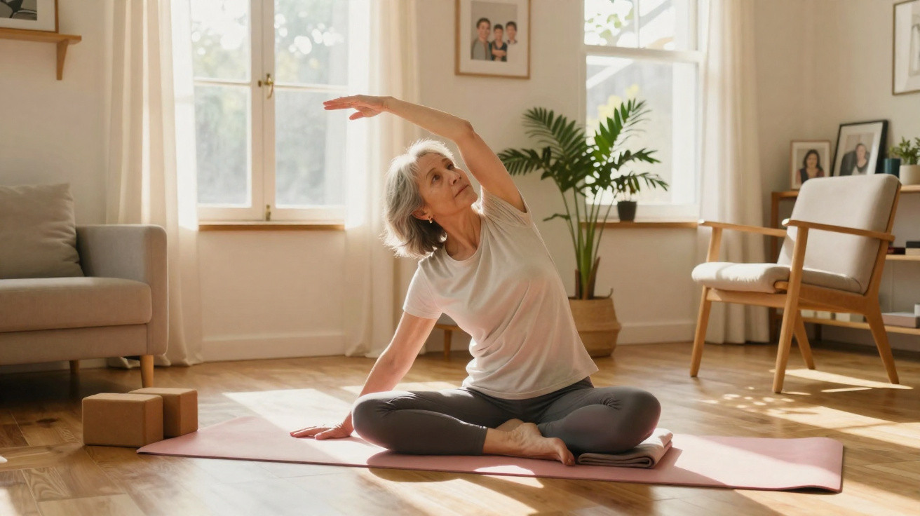 Senhora sénior a fazer alongamentos sentada num tapete de yoga numa sala luminosa e acolhedora.