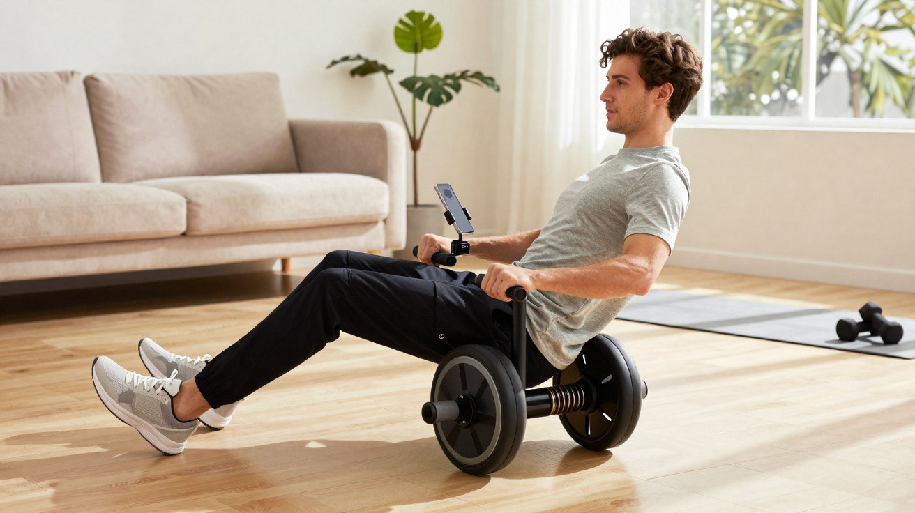 Homem a fazer exercício abdominal com roda de treino no chão de madeira numa sala iluminada.
