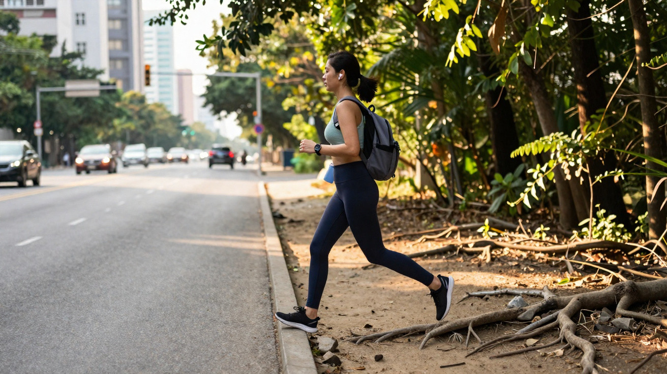 Mulher com mochila a caminhar do meio de uma zona verde para a berma de uma estrada numa cidade.