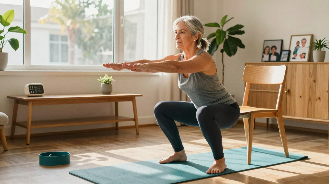 Mulher sénior a fazer agachamento em tapete de yoga numa sala iluminada com móveis de madeira.