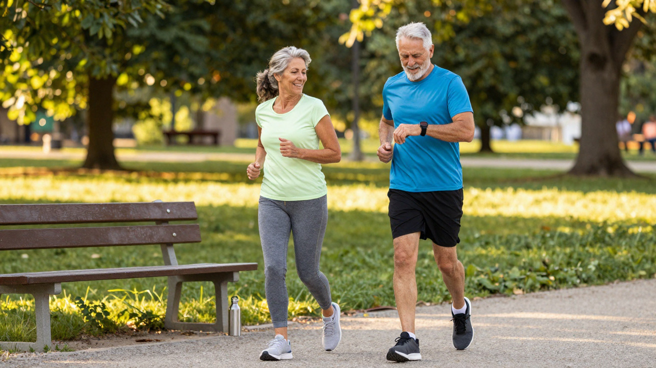 Casal sénior a correr e sorrir num parque com árvores e bancos ao fundo, em dia soalheiro.