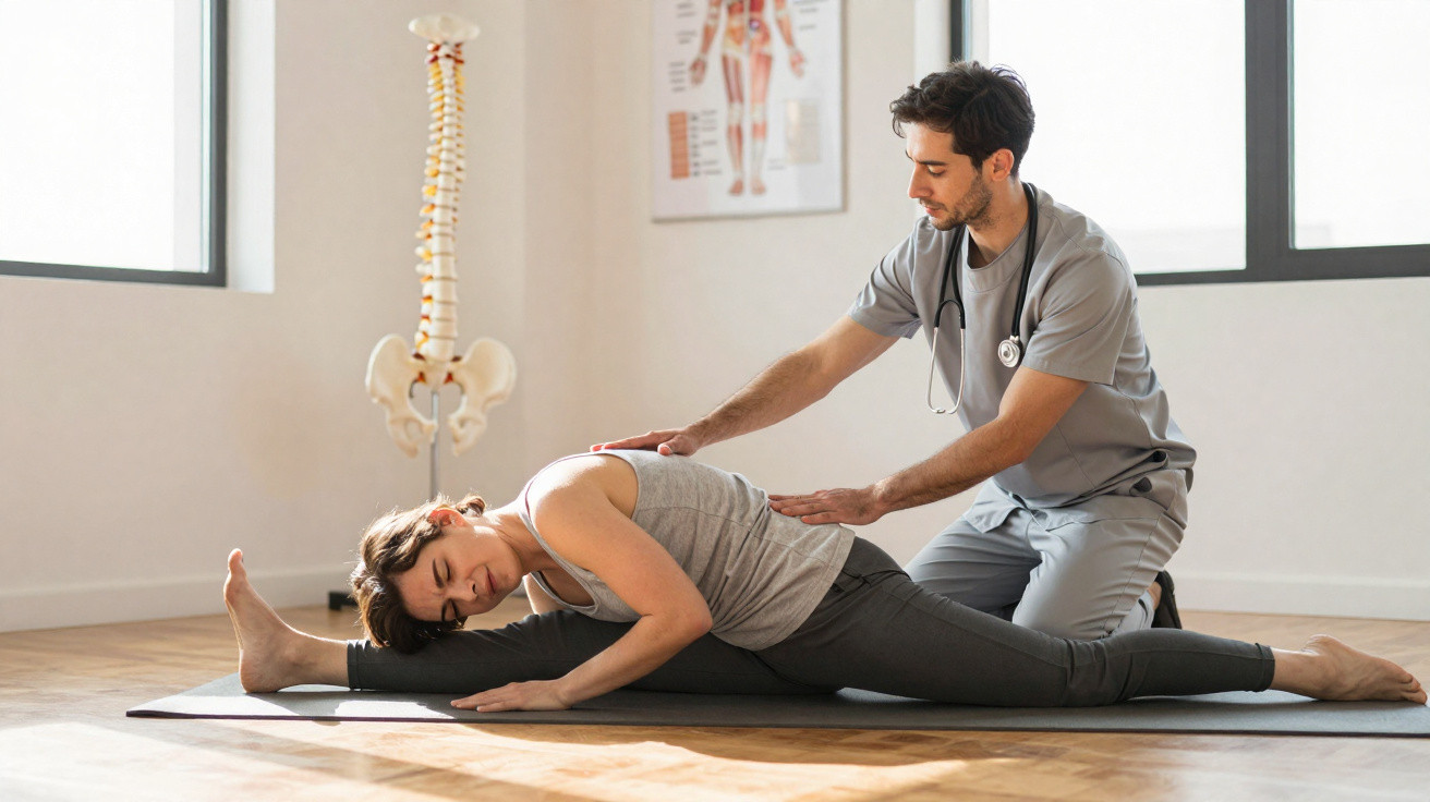 Fisioterapeuta ajuda mulher a alongar as costas numa sala com modelo de coluna vertebral ao fundo.