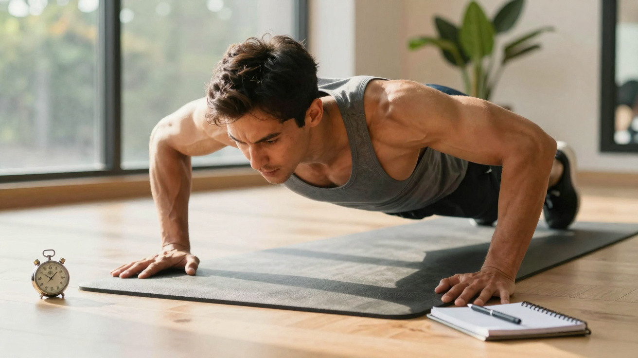 Homem a fazer flexões num tapete de exercício numa sala com janela grande e bloco de notas ao lado.