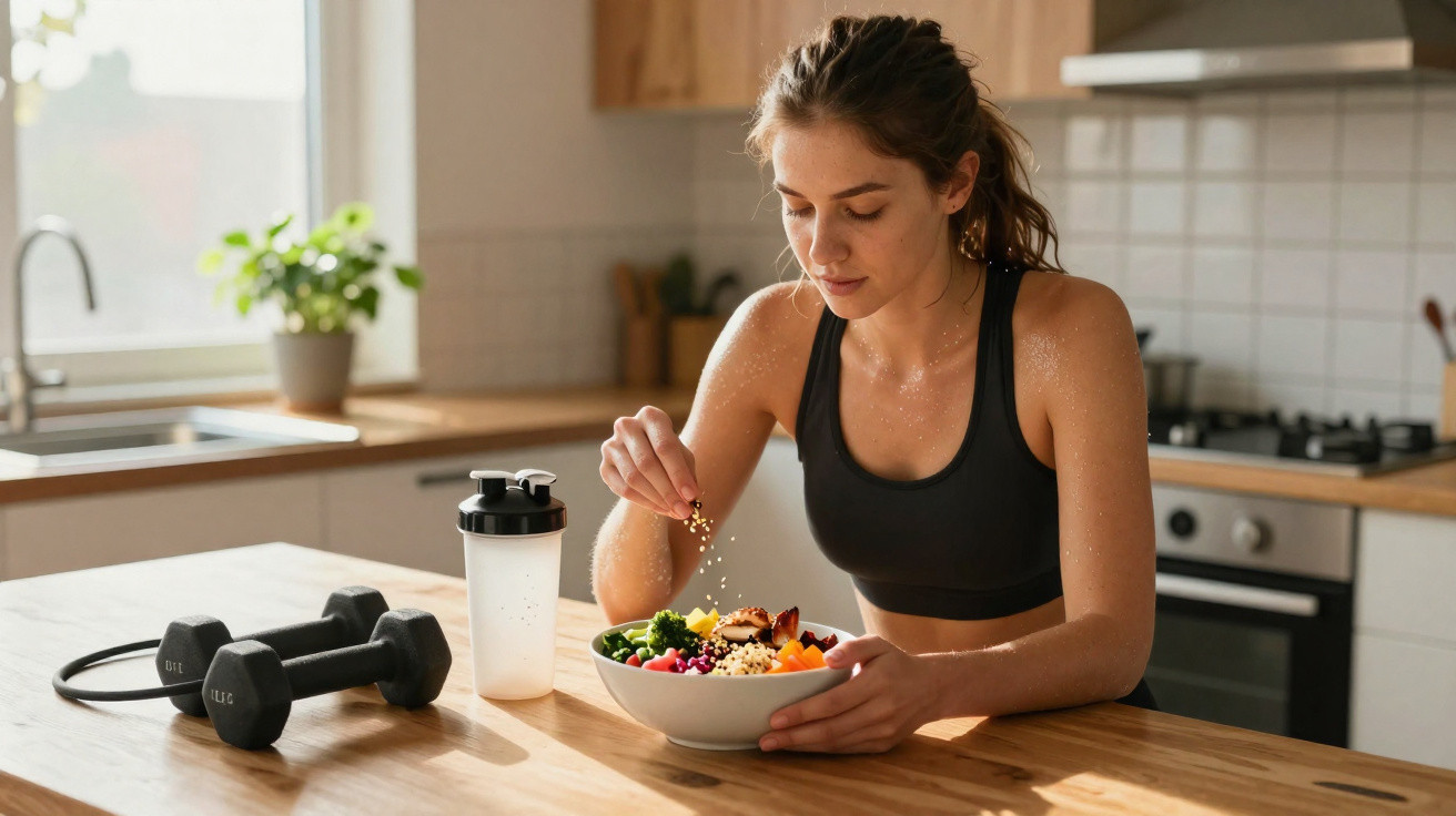 Mulher jovem em roupa de treino tempera salada saudável na cozinha, com halteres e garrafa à frente.