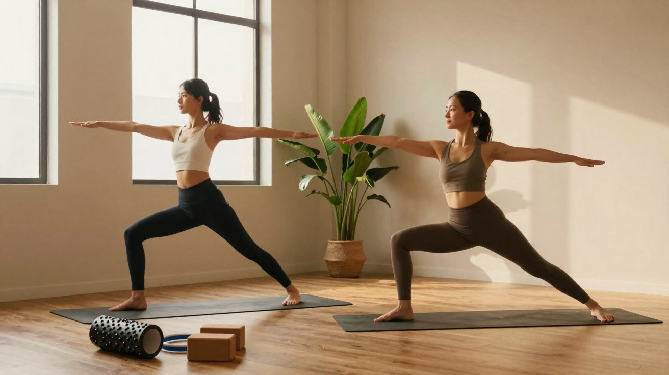 Duas mulheres praticam yoga em posição de guerreiro numa sala luminosa com piso de madeira.