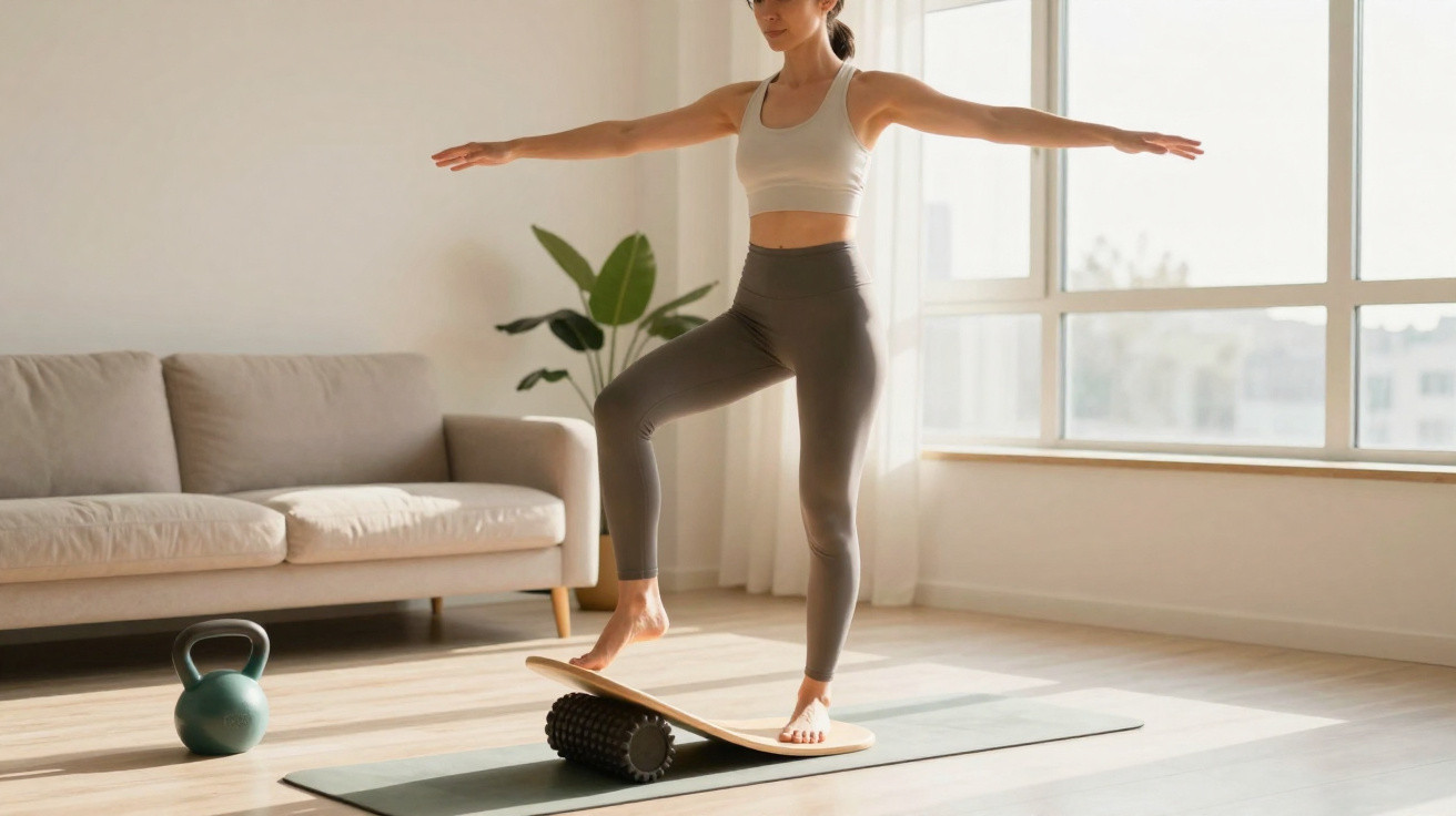 Mulher a fazer equilíbrio numa prancha de equilíbrio com rolo em sala iluminada, com kettlebell e sofá ao fundo.