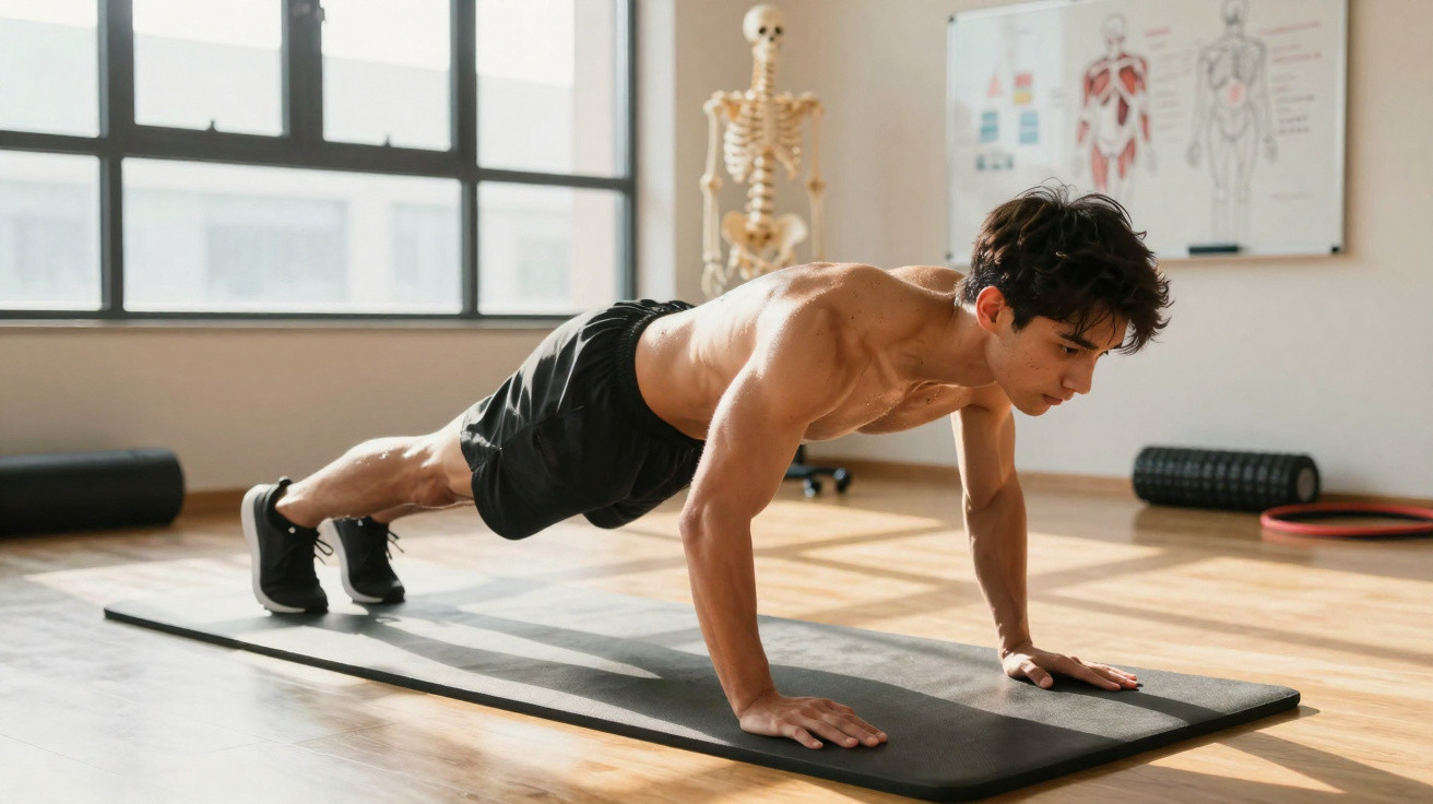 Homem jovem a fazer flexões numa sala de ginásio com esqueleto e materiais de treino ao fundo.