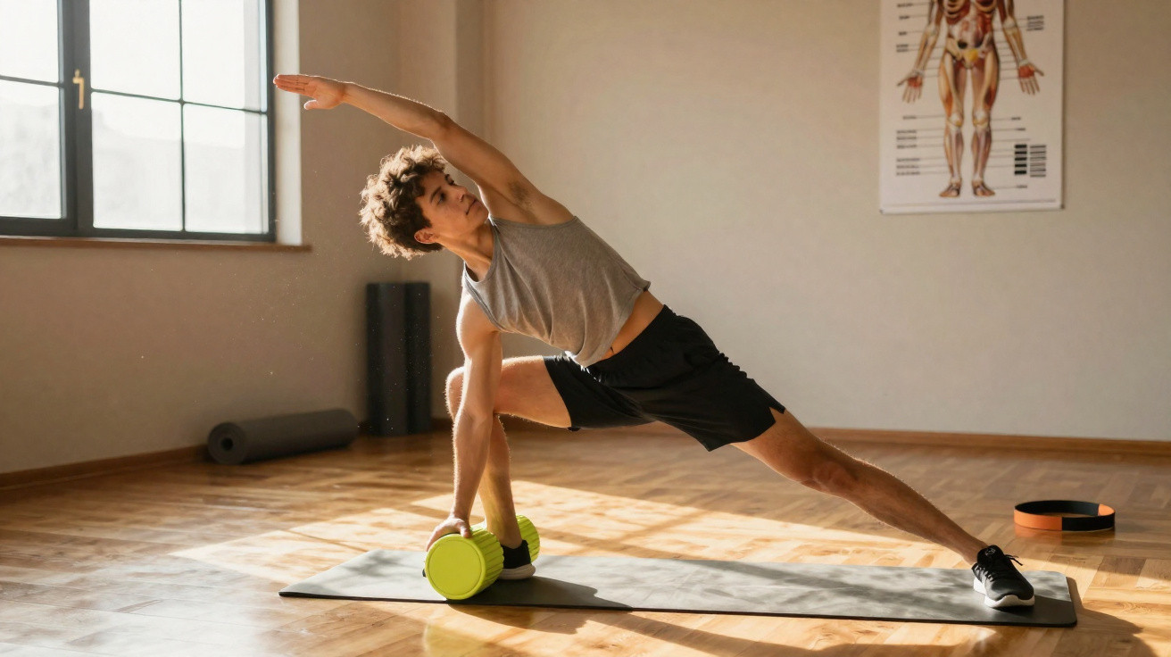 Homem a fazer alongamento lateral com rolo de espuma numa sala de treino iluminada.
