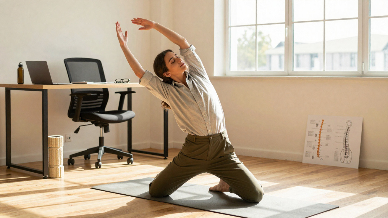 Mulher a fazer exercício de alongamento numa sala de escritório com luz natural e tapete de yoga.