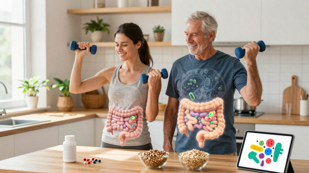 Pessoa jovem e idoso a levantar pesos com ilustração do sistema digestivo e bactérias intestinais visíveis.