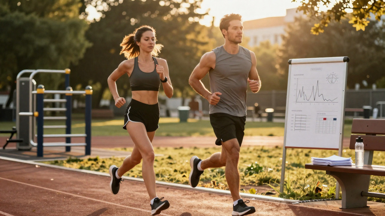 Casal a correr numa pista ao ar livre, com um gráfico num quadro branco e um banco ao lado.