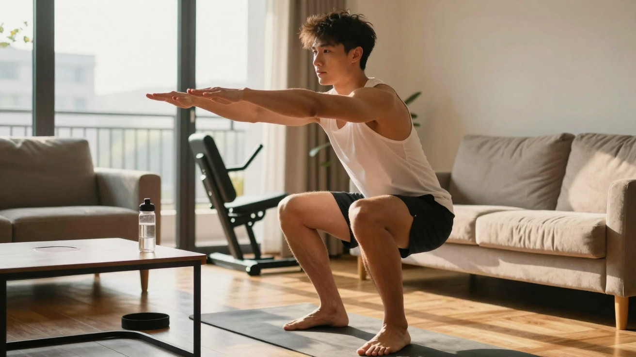 Homem a fazer agachamento em casa, com roupa desportiva, em sala com sofá e luz natural.