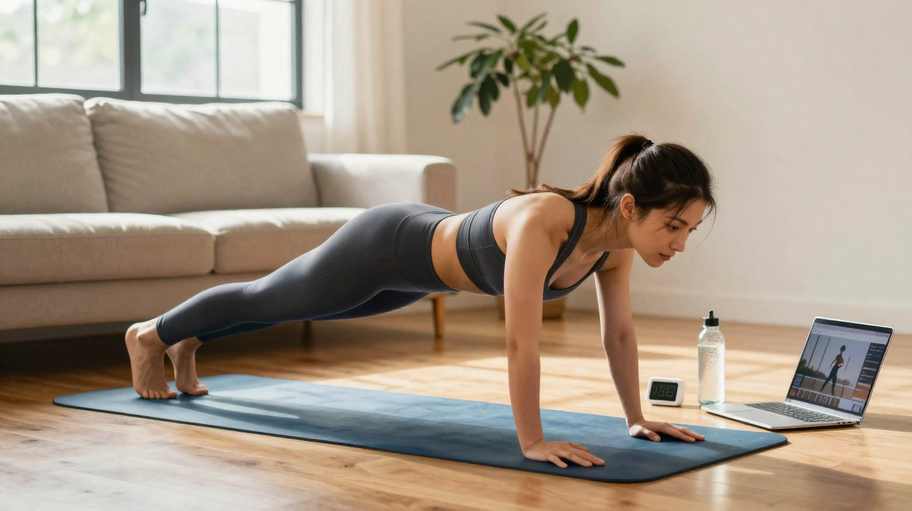Mulher a fazer prancha no tapete de yoga em sala com computador, garrafa de água e sofá ao fundo.
