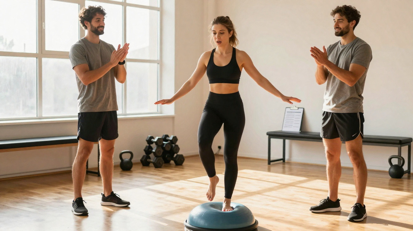 Mulher a equilibrar-se numa bola de exercício enquanto dois homens a aplaudem numa sala de ginásio iluminada.