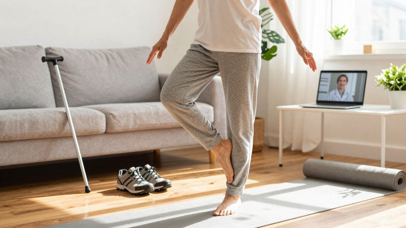 Pessoa a fazer exercício de equilíbrio em casa, com bengala e consulta médica online no computador.