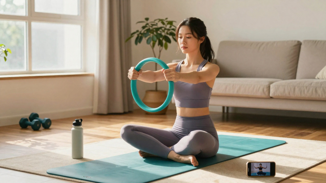 Mulher a fazer exercício de ioga sentada no tapete com anel de pilates e vídeo no telemóvel.