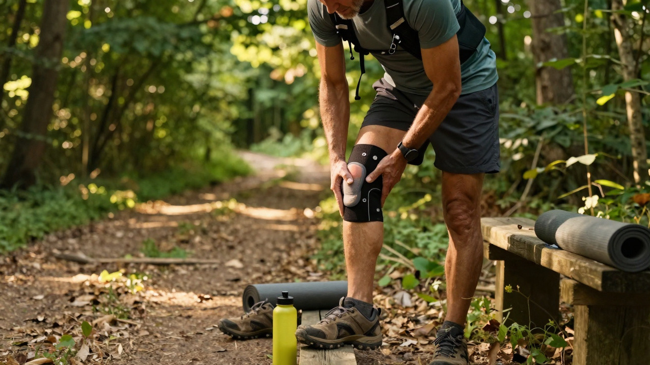 Homem com joelheira a tocar no joelho numa floresta, ao lado de tapete de yoga e garrafa amarela.