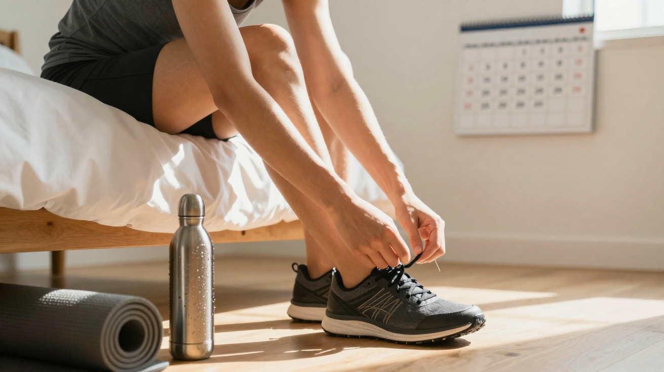 Pessoa sentada na cama a calçar ténis desportivos, com garrafa metálica e tapete de yoga no chão.