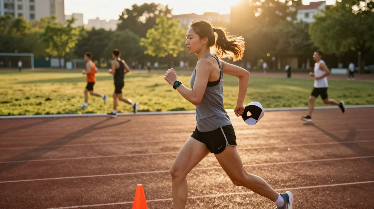 Mulher a correr numa pista de atletismo ao entardecer, segurando um boné branco e preto.