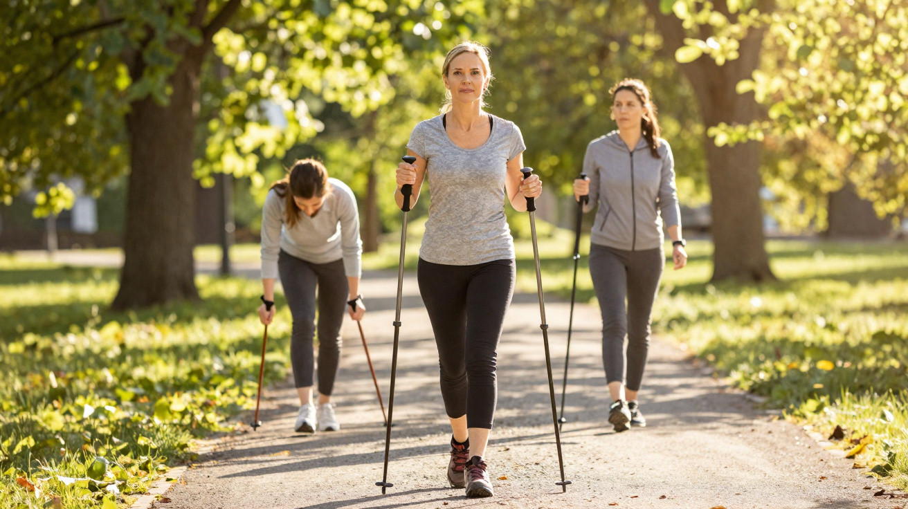 Três mulheres caminham com bastões num parque ensolarado, rodeadas por árvores e folhas verdes.