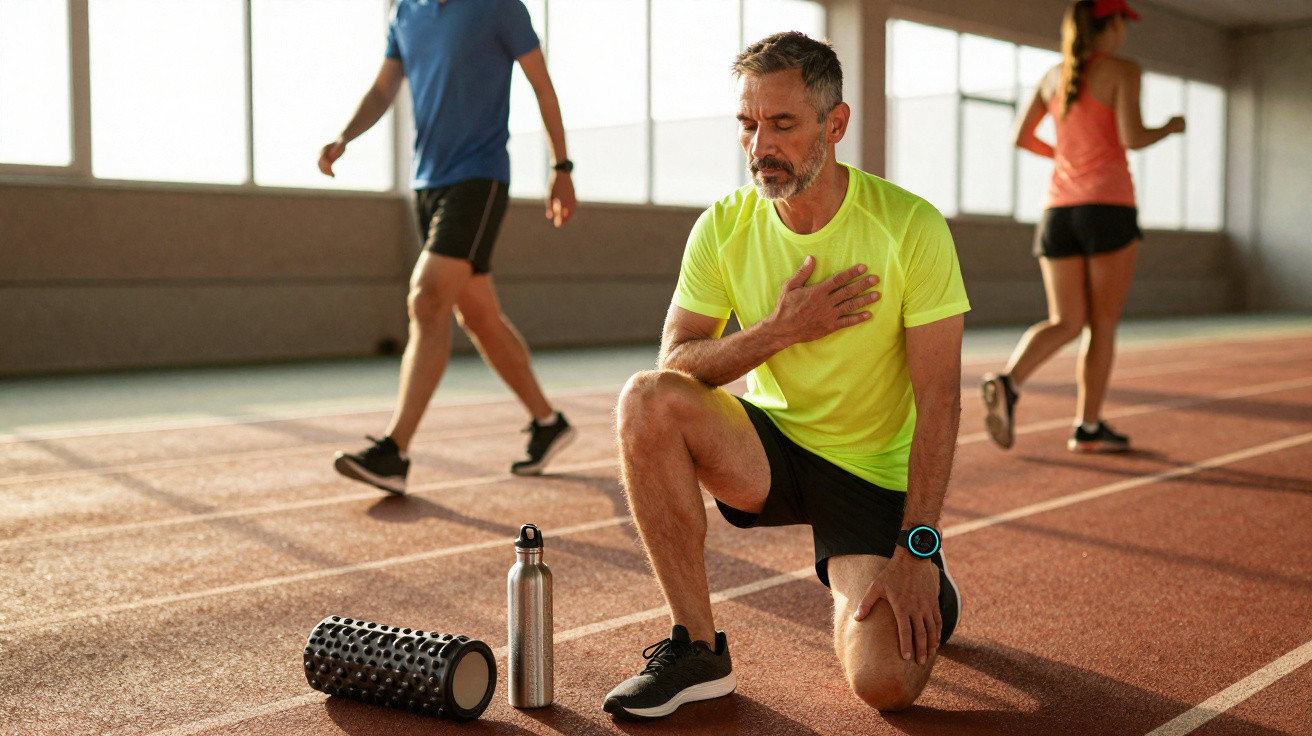 Homem com expressão de dor no peito, ajoelhado numa pista de atletismo, com rolo de espuma e garrafa ao lado.