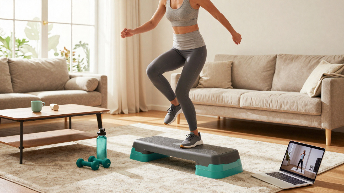 Pessoa a fazer exercício de step em casa, numa sala com tapete, duas sofás, halteres e computador portátil.