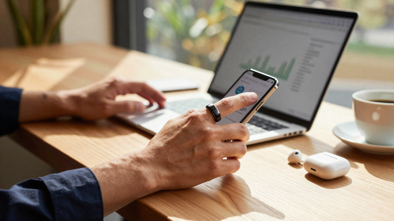 Pessoa a usar smartphone e computador portátil numa mesa de madeira com auscultadores sem fios e chávena de café.