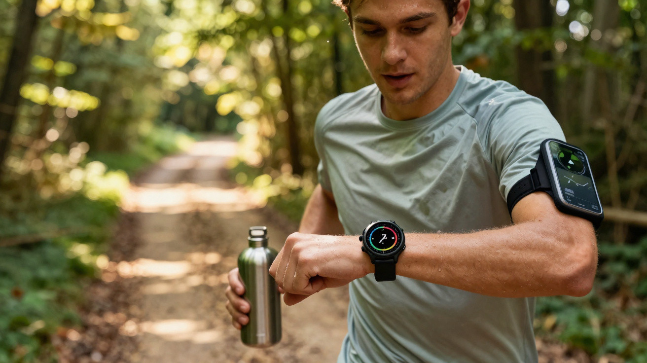 Homem a correr numa floresta, com garrafa de água e relógio desportivo a controlar o ritmo.