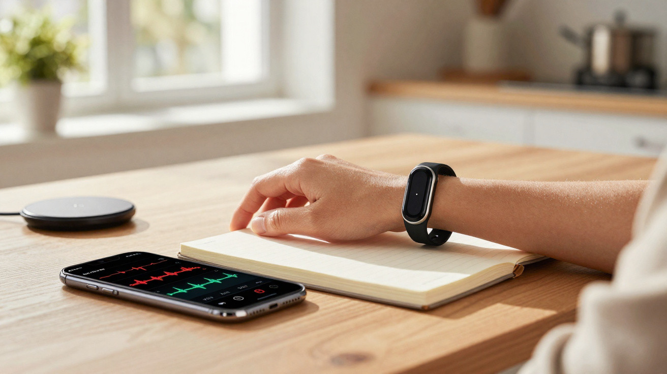 Pessoa com pulseira fitness a olhar para app de monitorização de ritmo cardíaco num telemóvel sobre mesa de madeira.