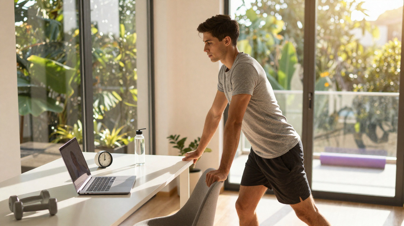 Jovem a fazer exercício de alongamento apoiado numa cadeira, com computador e halteres numa sala iluminada.