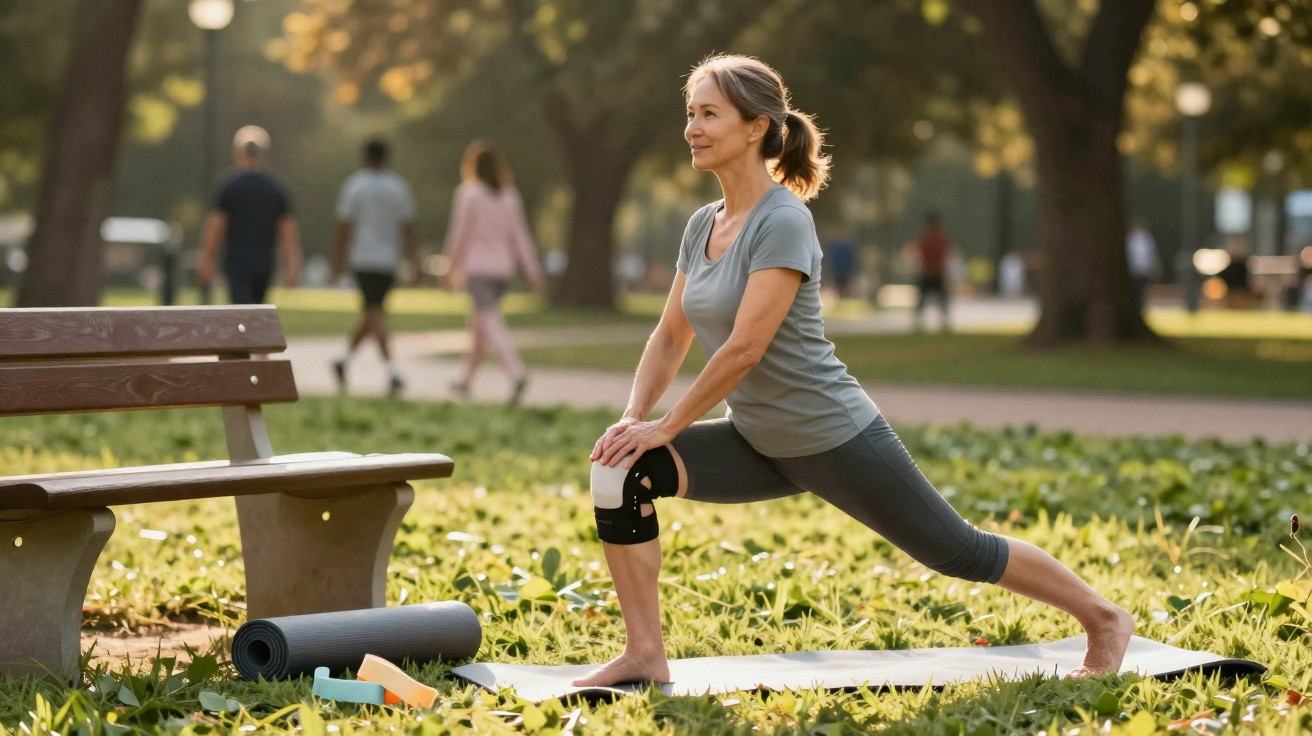 Mulher madura a fazer alongamentos no parque, com um tapete de yoga e acessórios no chão ao lado.