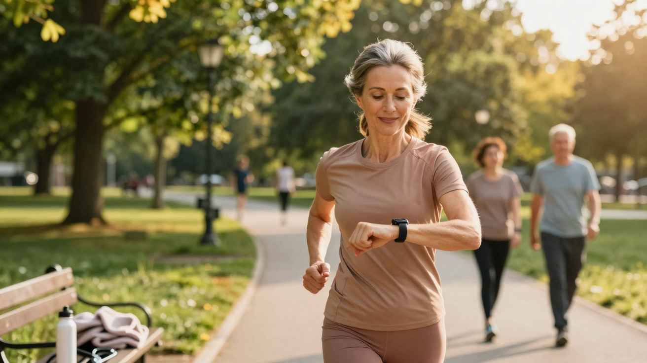 Mulher adulta a correr num parque durante o dia, a olhar para o relógio no pulso.