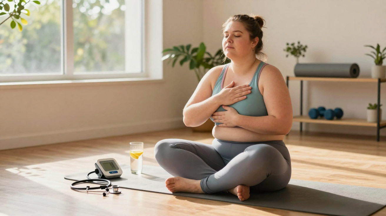 Mulher a meditar sentada em tapete de yoga, com mãos no peito, num ambiente luminoso e tranquilo.
