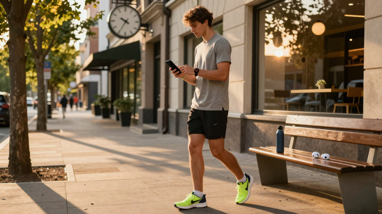 Jovem com roupa desportiva e ténis verdes a caminhar na rua enquanto usa o telemóvel, ao lado de um banco com garrafa e auric