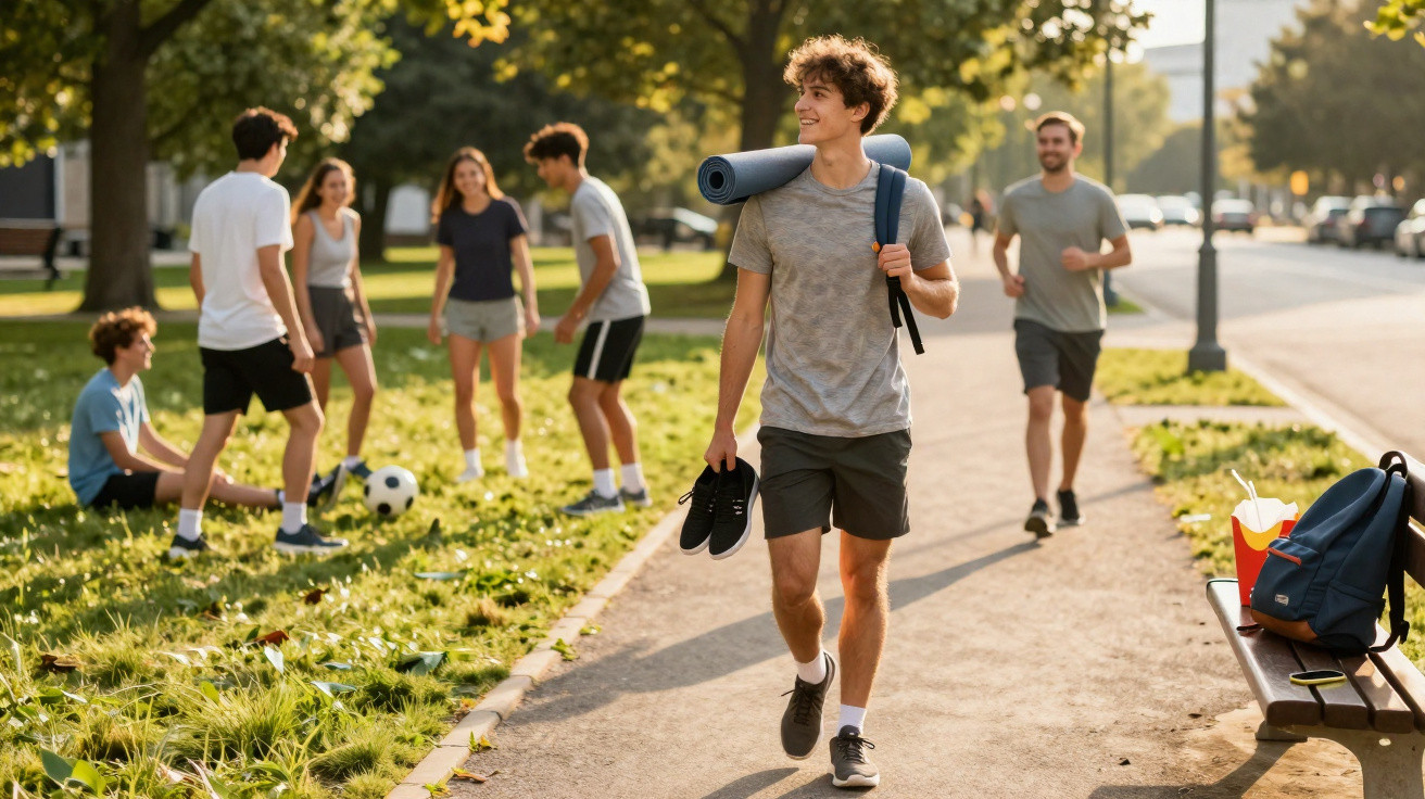 Jovem a caminhar com tapete de yoga e sapatos, enquanto grupo de jovens joga futebol num parque ensolarado.