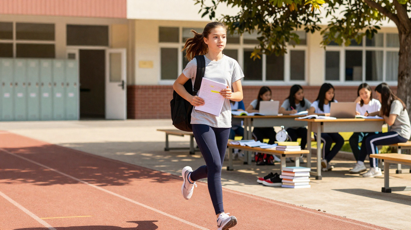 Aluna a correr na pista desportiva da escola com caderno e mochila, colegas a estudar ao fundo.