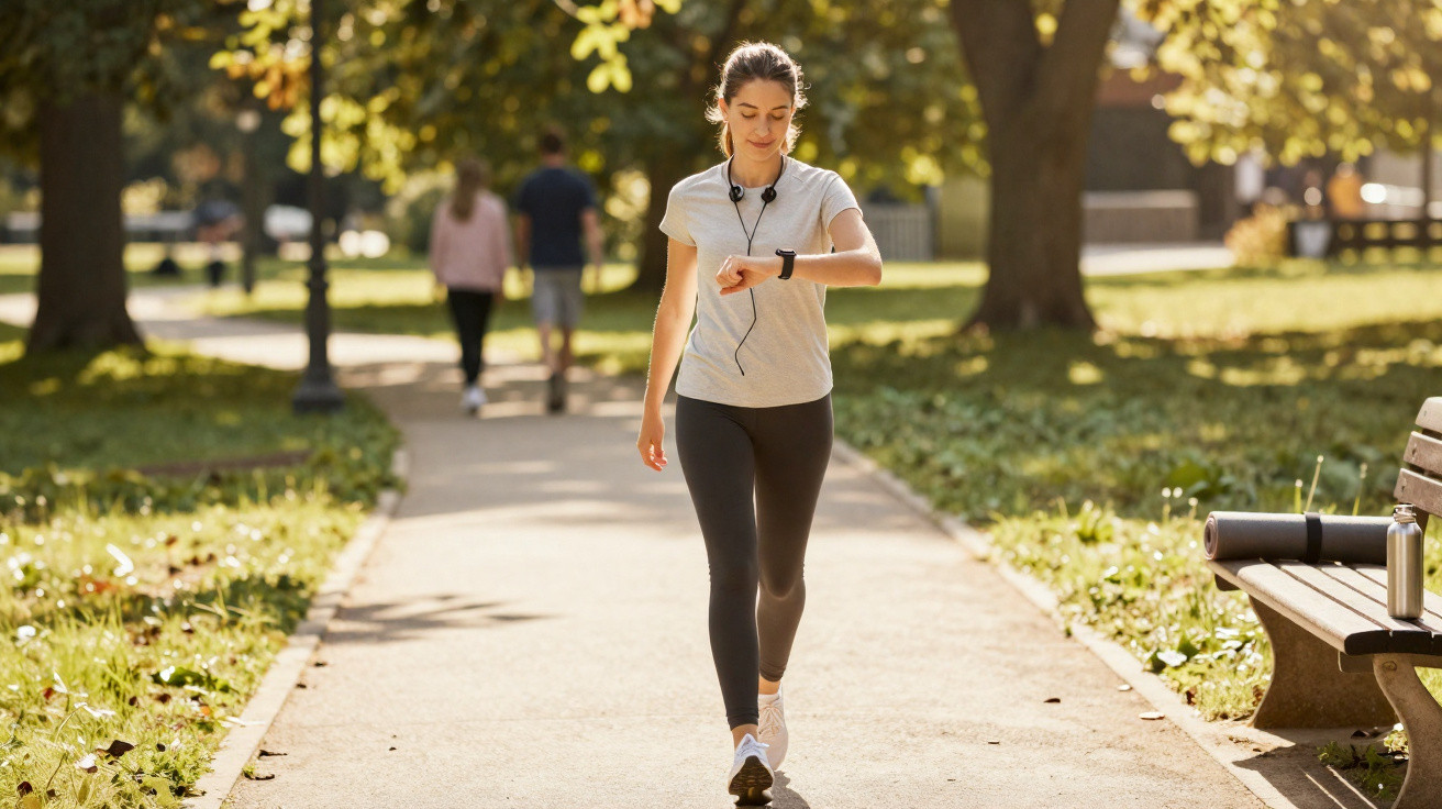 Mulher jovem a caminhar num parque, com roupas desportivas, a olhar para o relógio no pulso.