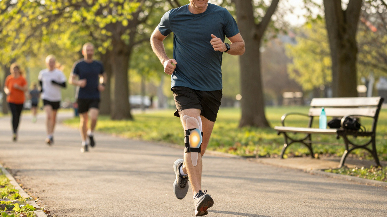 Homem a correr num parque com joelheira e luz indicada na zona do joelho, outras pessoas a correr ao fundo.