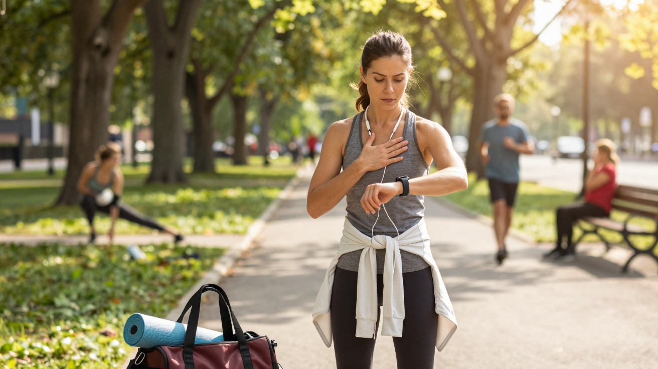 Mulher atlética no parque, vestindo roupa de desporto, a verificar relógio fitness e a tocar no peito.
