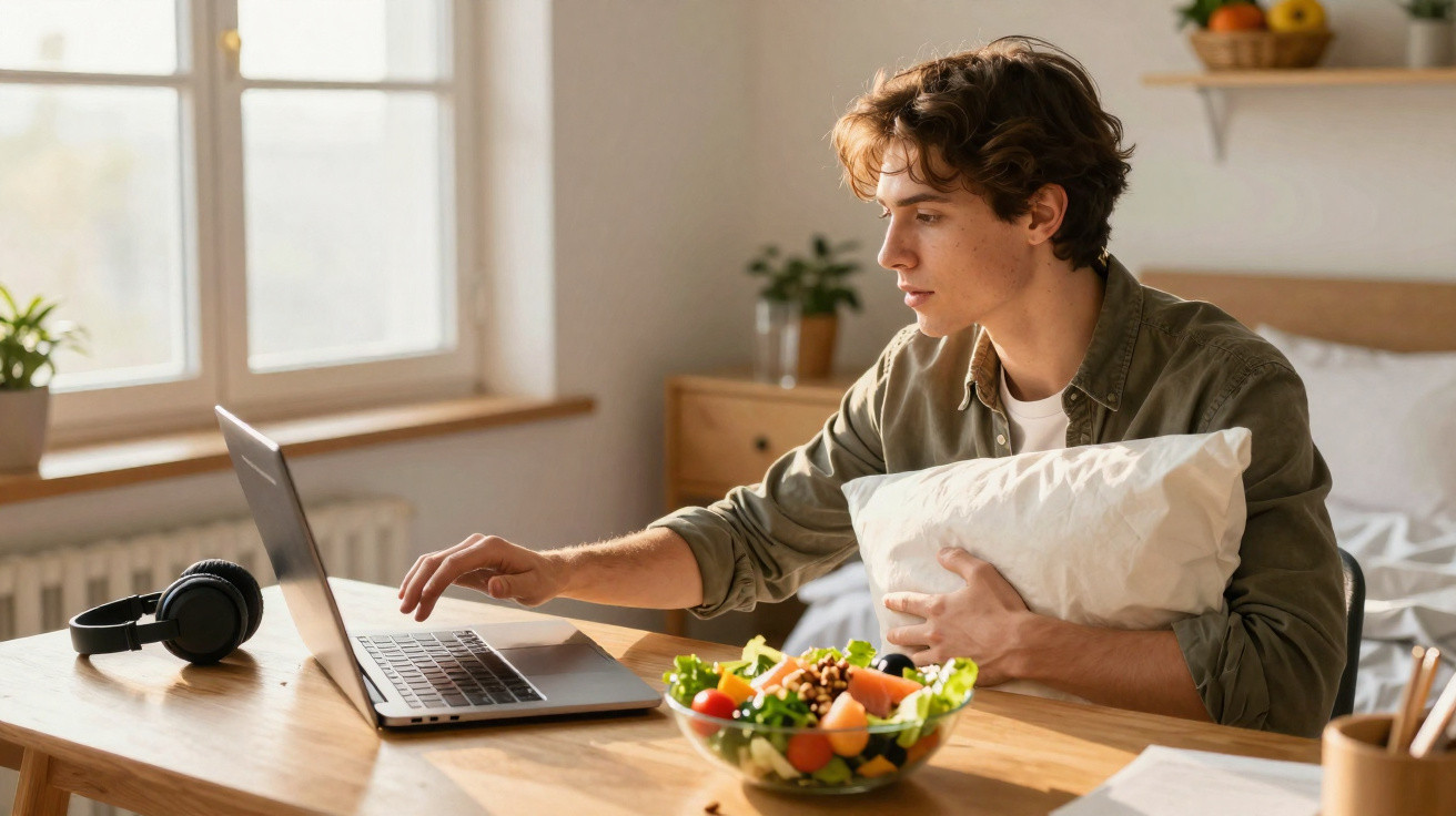 Jovem sentado à mesa com almofada no colo, a usar computador portátil e uma salada à frente.