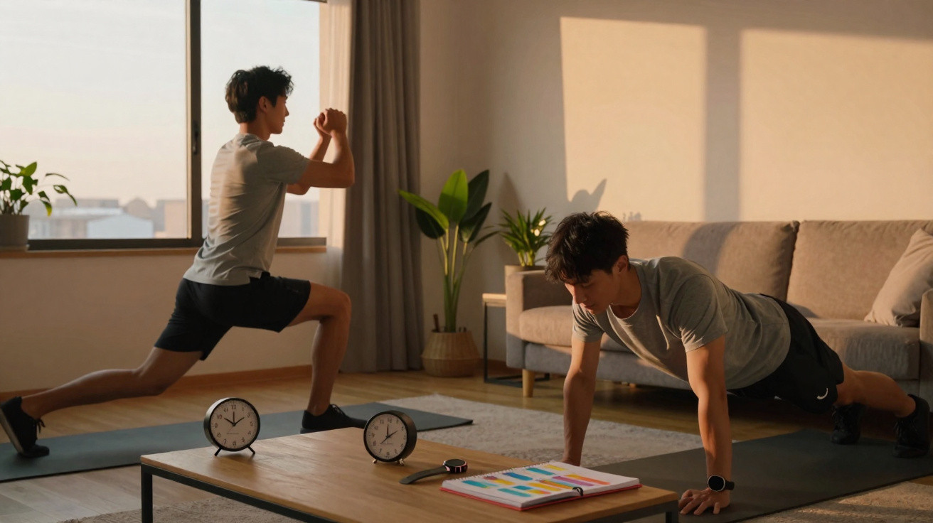 Dois homens jovens a fazer exercícios de alongamento e push-ups numa sala de estar iluminada pelo sol.